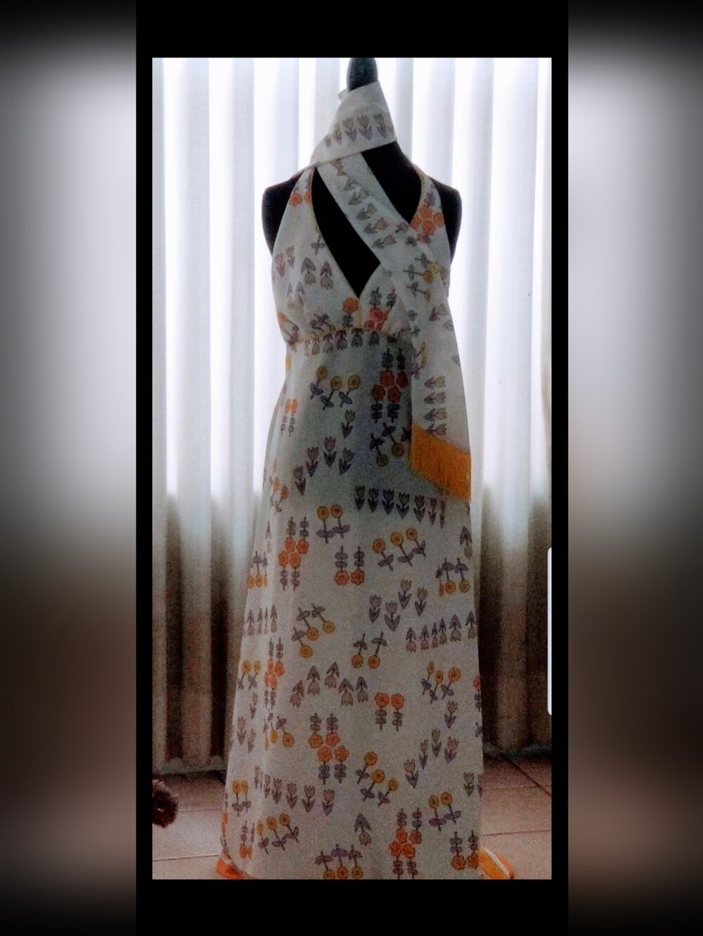 1960s Julie Miller Halter Dress With Floral Fringe Scarf in Yellow & Lavender